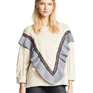 Moon River Front Ruffle Oversized Cable Knit Sweater